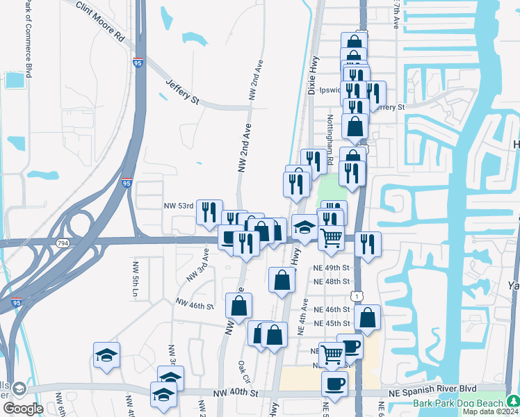 map of restaurants, bars, coffee shops, grocery stores, and more near 5280 Northwest 2nd Avenue in Boca Raton