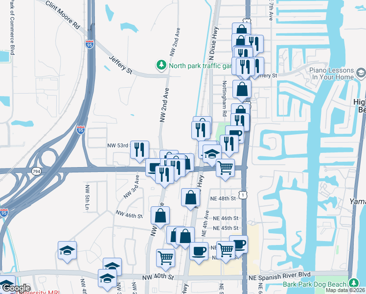 map of restaurants, bars, coffee shops, grocery stores, and more near 5280 Northwest 2nd Avenue in Boca Raton