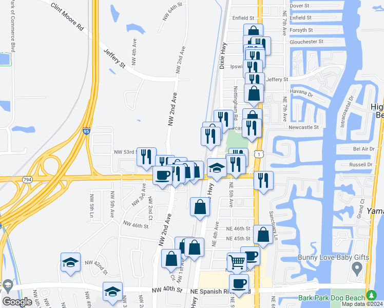 map of restaurants, bars, coffee shops, grocery stores, and more near 5280 Northwest 2nd Avenue in Boca Raton