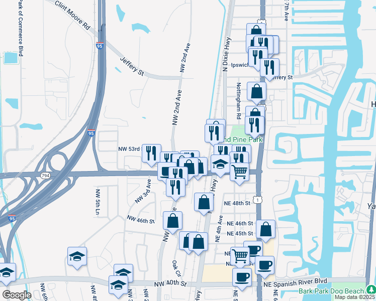 map of restaurants, bars, coffee shops, grocery stores, and more near 5280 Northwest 2nd Avenue in Boca Raton