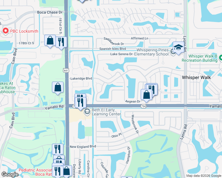 map of restaurants, bars, coffee shops, grocery stores, and more near 9587 Lake Serena Drive in Boca Raton