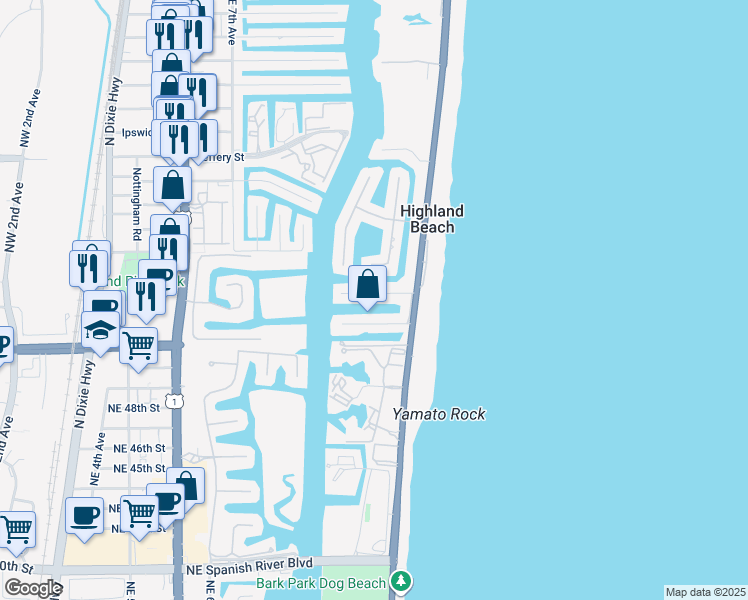 map of restaurants, bars, coffee shops, grocery stores, and more near 1023 Bel Air Drive in Highland Beach