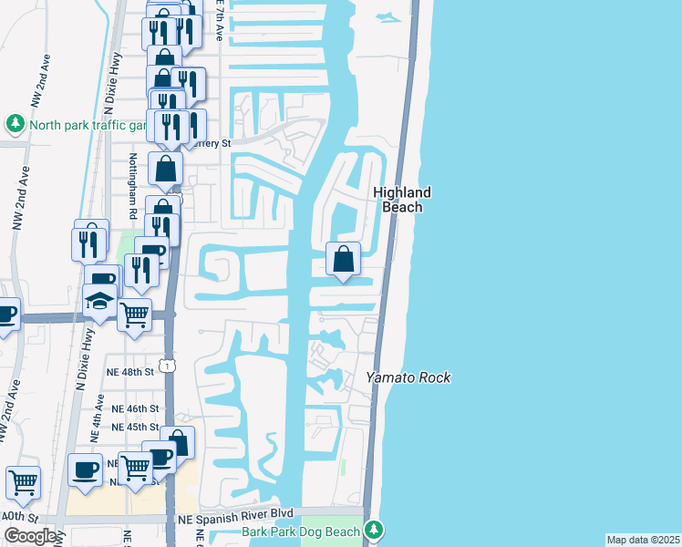 map of restaurants, bars, coffee shops, grocery stores, and more near 1023 Bel Air Drive in Highland Beach