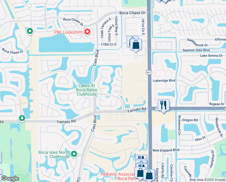 map of restaurants, bars, coffee shops, grocery stores, and more near 10417 Bow Court in Boca Raton