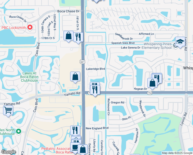 map of restaurants, bars, coffee shops, grocery stores, and more near 18814 Cloud Lake Circle in Boca Raton