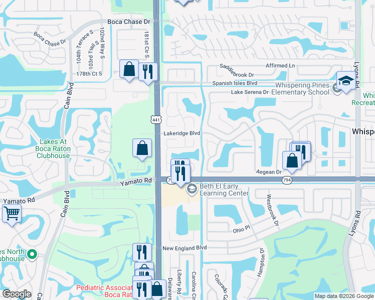 map of restaurants, bars, coffee shops, grocery stores, and more near 18778 Cloud Lake Circle in Boca Raton