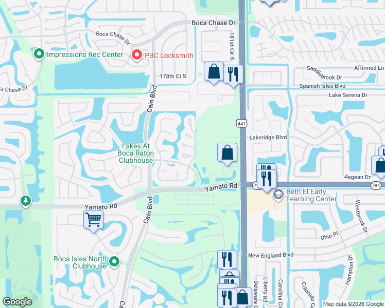 map of restaurants, bars, coffee shops, grocery stores, and more near 10275 Hidden Springs Court in Boca Raton