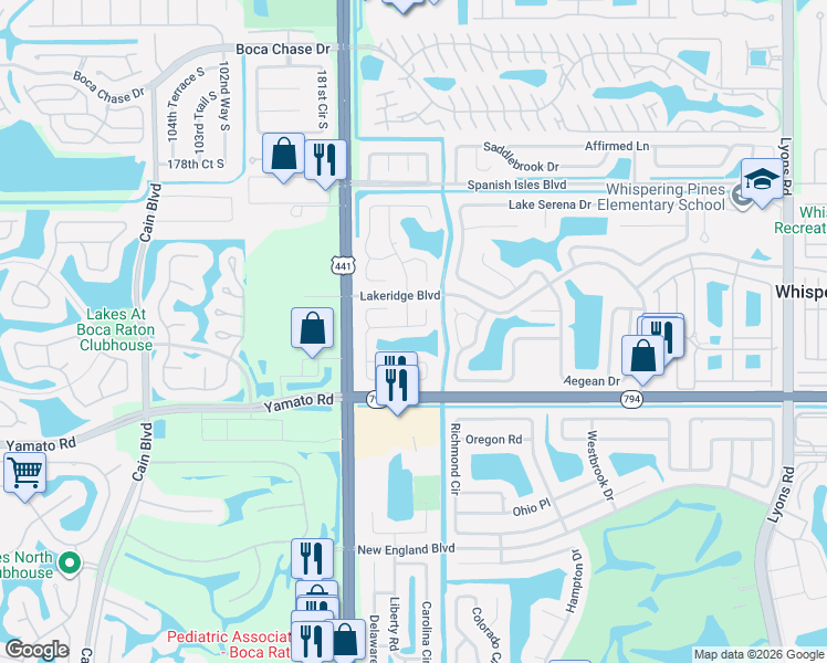 map of restaurants, bars, coffee shops, grocery stores, and more near 18778 Cloud Lake Circle in Boca Raton
