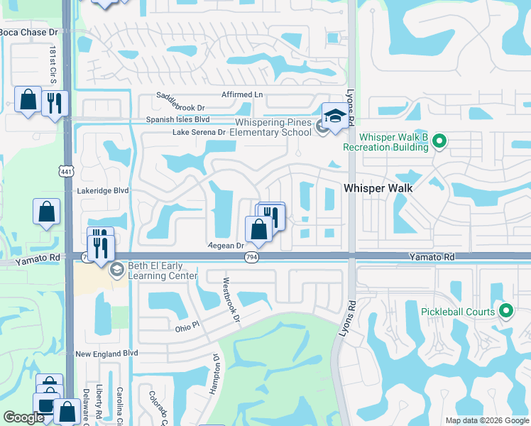 map of restaurants, bars, coffee shops, grocery stores, and more near 18800 Jolson Avenue in Boca Raton