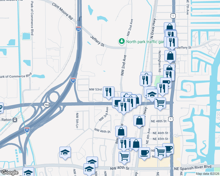 map of restaurants, bars, coffee shops, grocery stores, and more near 299 Northwest 52nd Terrace in Boca Raton