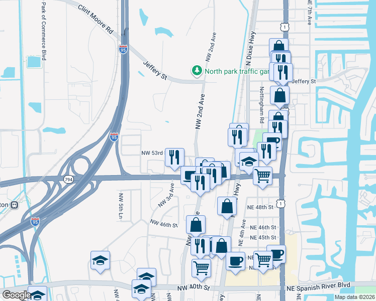 map of restaurants, bars, coffee shops, grocery stores, and more near 299 Northwest 52nd Terrace in Boca Raton