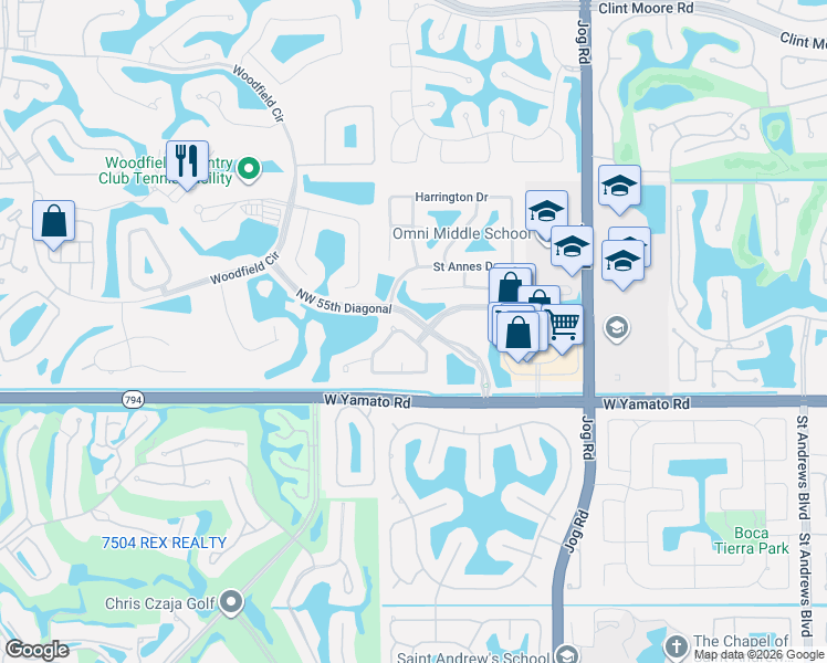 map of restaurants, bars, coffee shops, grocery stores, and more near 3393 Northwest 53rd Circle in Boca Raton