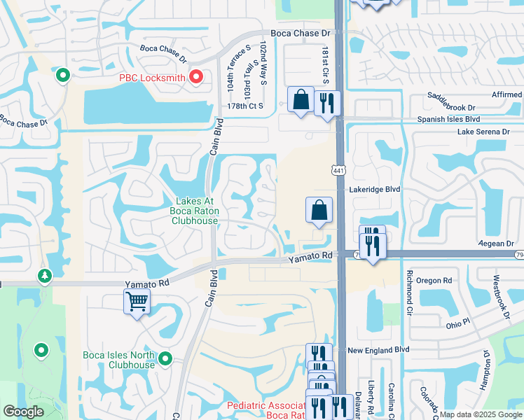 map of restaurants, bars, coffee shops, grocery stores, and more near 10316 Windswept Place in Boca Raton