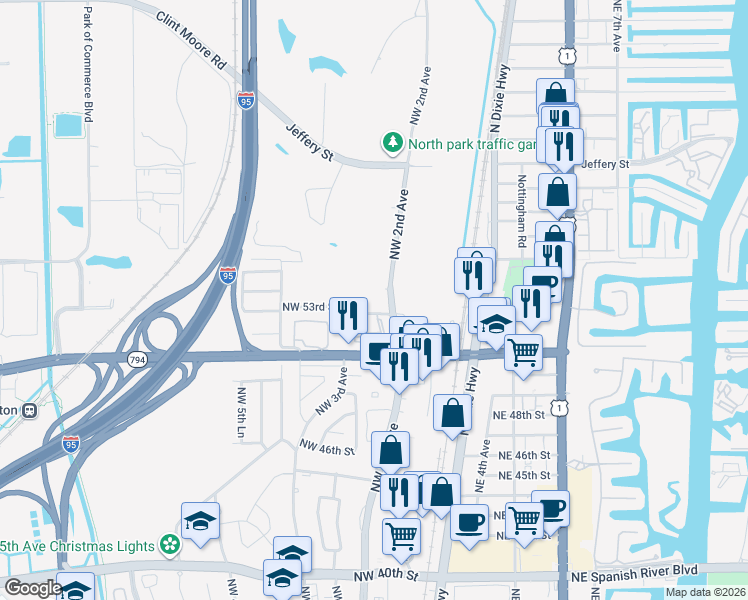 map of restaurants, bars, coffee shops, grocery stores, and more near 5201 Northwest 2nd Avenue in Boca Raton