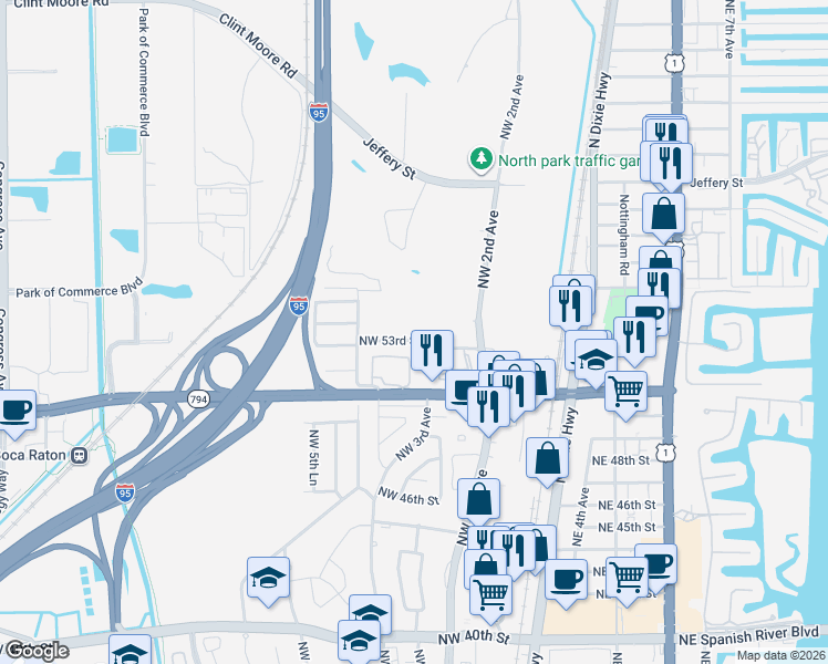 map of restaurants, bars, coffee shops, grocery stores, and more near 329 Northwest 53rd Street in Boca Raton