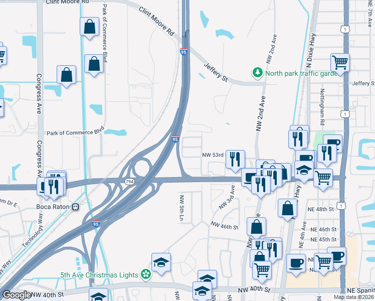 map of restaurants, bars, coffee shops, grocery stores, and more near 556 Northwest 54th Street in Boca Raton
