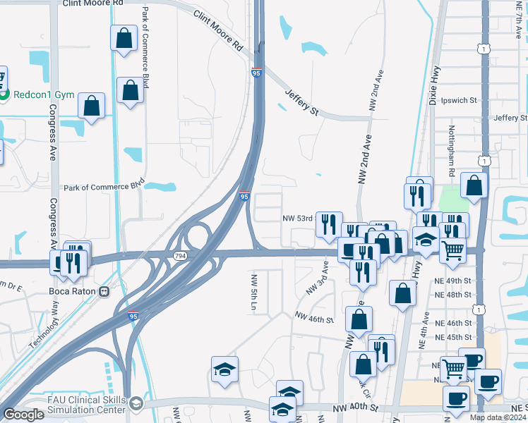 map of restaurants, bars, coffee shops, grocery stores, and more near 541 Northwest 54th Street in Boca Raton