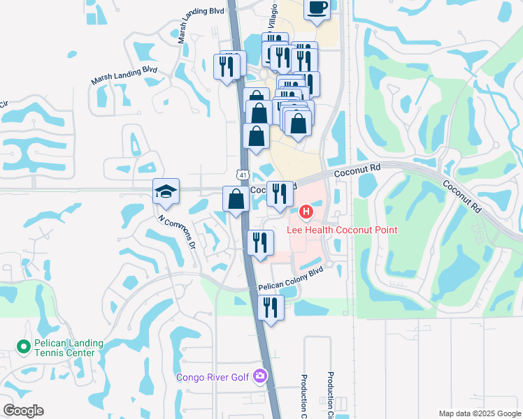 map of restaurants, bars, coffee shops, grocery stores, and more near 21301 South Tamiami Trail in Estero