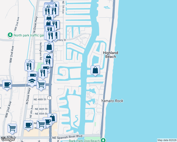 map of restaurants, bars, coffee shops, grocery stores, and more near 1005 Bel Air Drive in Highland Beach