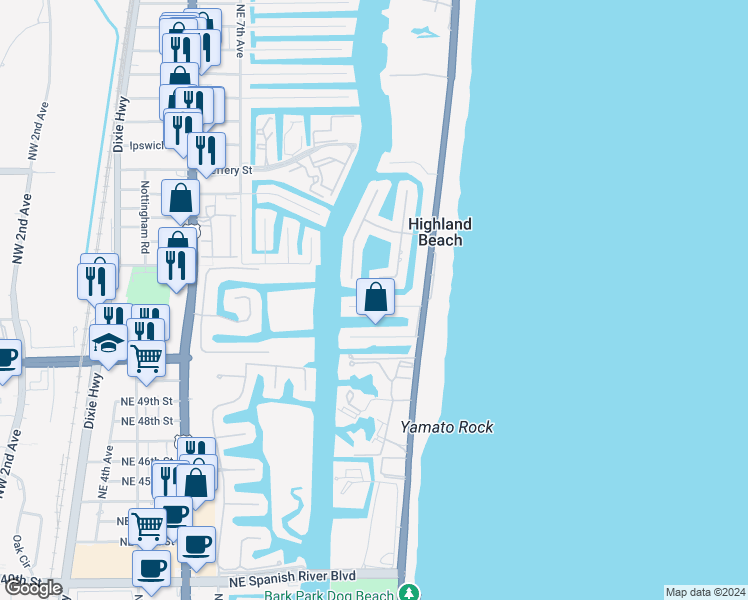 map of restaurants, bars, coffee shops, grocery stores, and more near 1023 Bel Air Drive in Highland Beach