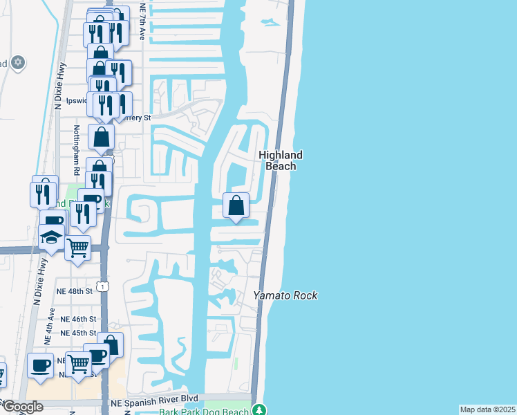 map of restaurants, bars, coffee shops, grocery stores, and more near 1121 Bel Air Drive in Highland Beach