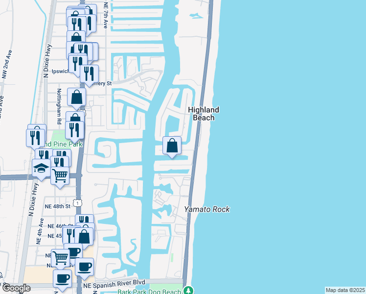 map of restaurants, bars, coffee shops, grocery stores, and more near 1121 Bel Air Drive in Highland Beach