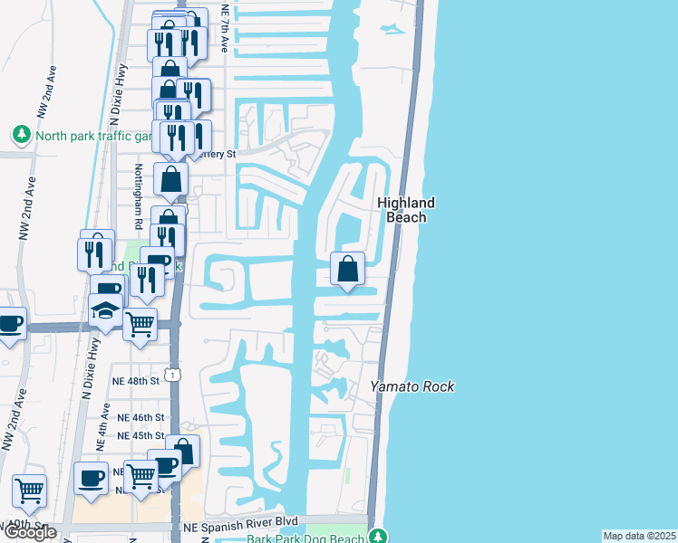map of restaurants, bars, coffee shops, grocery stores, and more near 1023 Bel Air Drive in Highland Beach