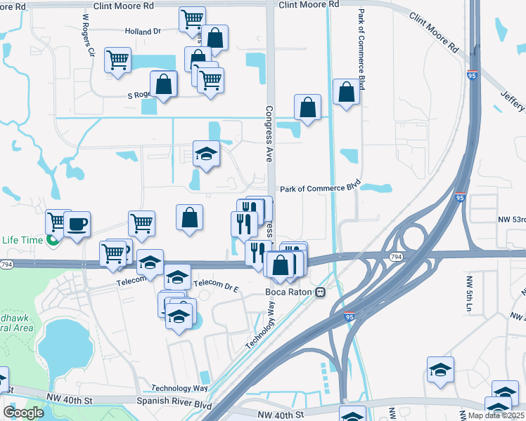 map of restaurants, bars, coffee shops, grocery stores, and more near 5201 Congress Ave in Boca Raton