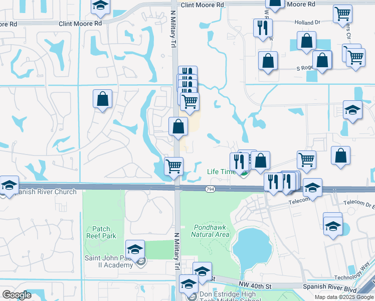 map of restaurants, bars, coffee shops, grocery stores, and more near 5500 North Military Trail in Boca Raton