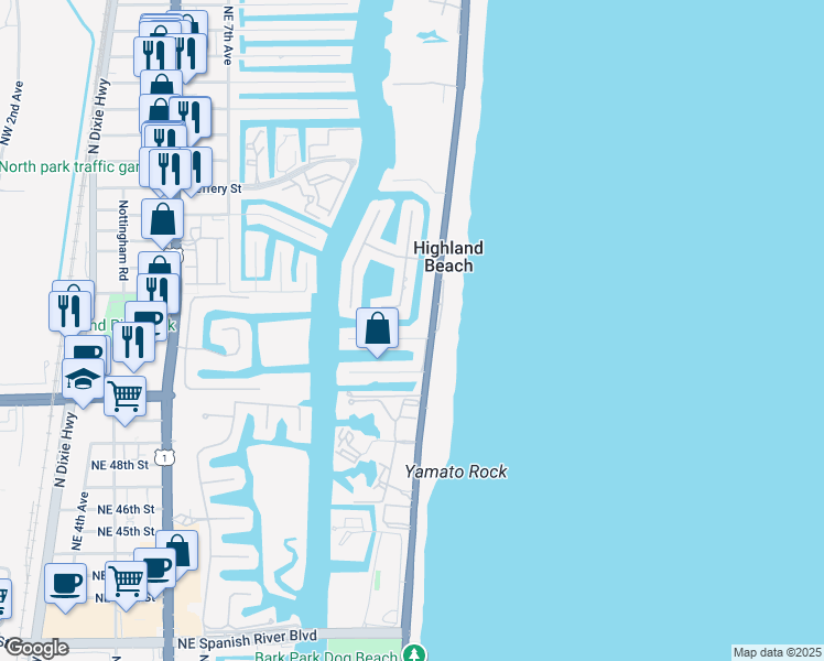 map of restaurants, bars, coffee shops, grocery stores, and more near 1121 Bel Air Drive in Highland Beach