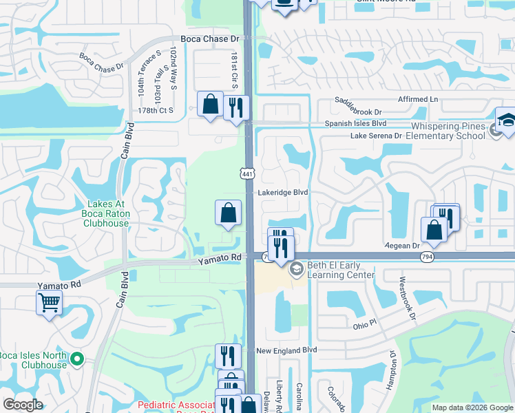map of restaurants, bars, coffee shops, grocery stores, and more near 9979 Baywater Drive in Boca Raton