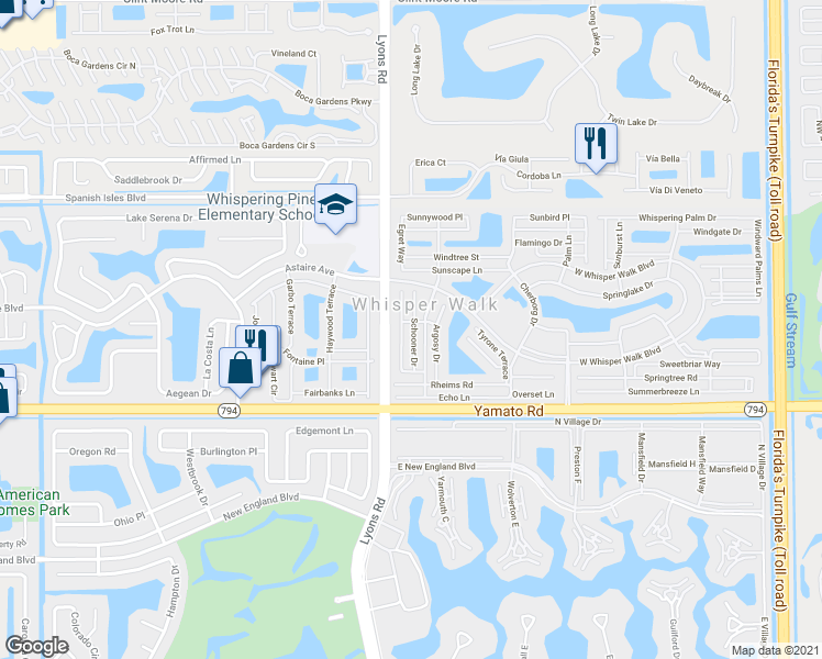 map of restaurants, bars, coffee shops, grocery stores, and more near 18801 Schooner Drive in Boca Raton
