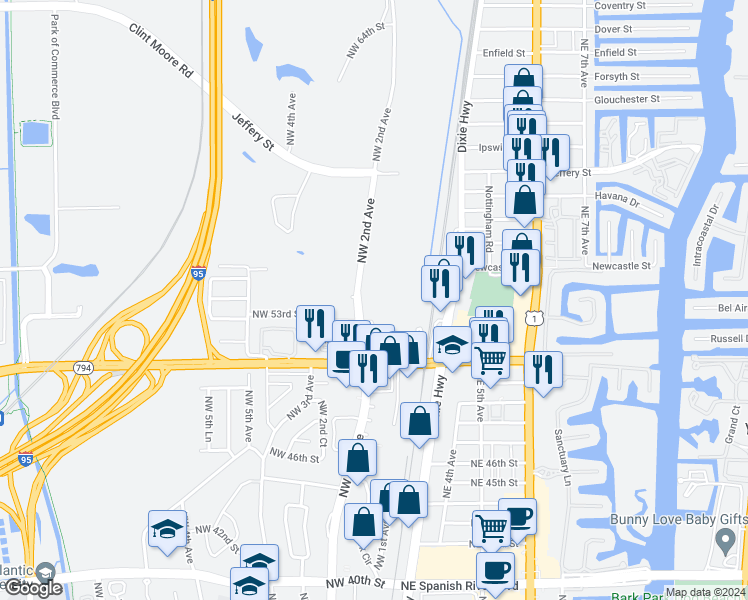 map of restaurants, bars, coffee shops, grocery stores, and more near 5340 Northwest 2nd Avenue in Boca Raton
