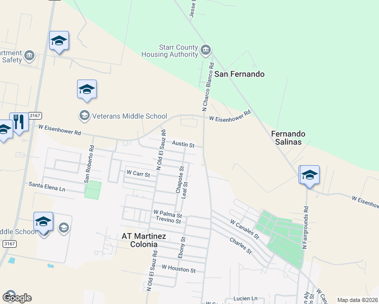 map of restaurants, bars, coffee shops, grocery stores, and more near 107 Beaumont Street in Rio Grande City