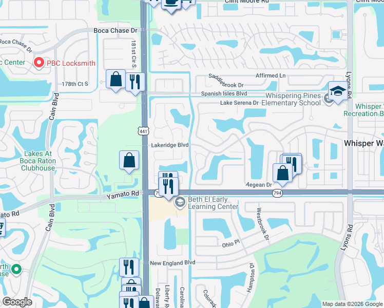 map of restaurants, bars, coffee shops, grocery stores, and more near 18798 Caspian Circle in Boca Raton