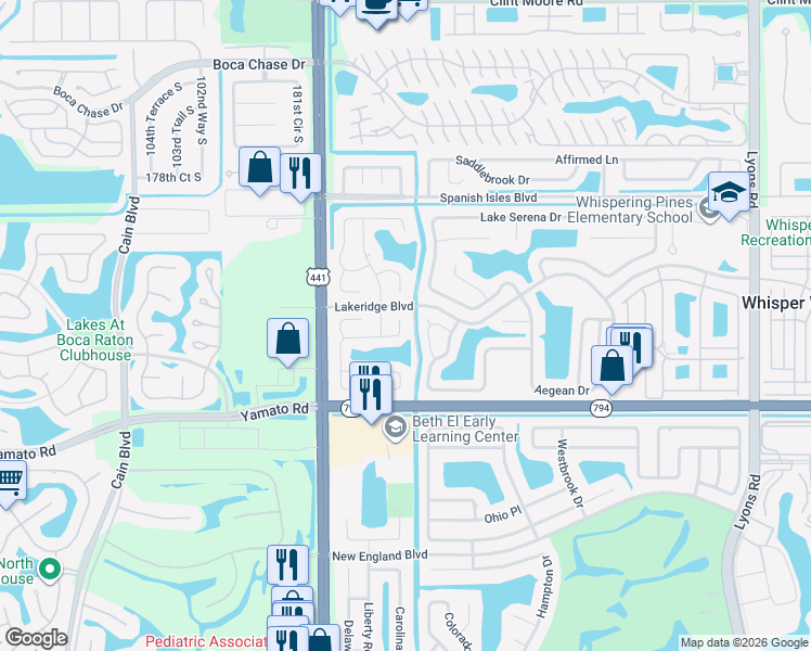map of restaurants, bars, coffee shops, grocery stores, and more near 18778 Cloud Lake Circle in Boca Raton