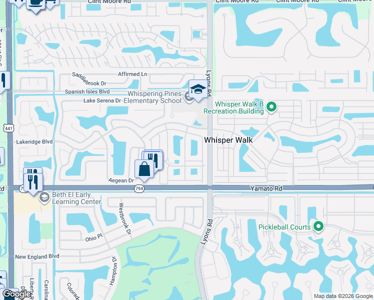 map of restaurants, bars, coffee shops, grocery stores, and more near 18800 Haywood Terrace in Boca Raton