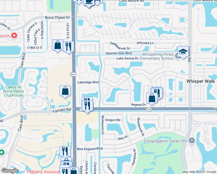 map of restaurants, bars, coffee shops, grocery stores, and more near 18756 Caspian Circle in Boca Raton