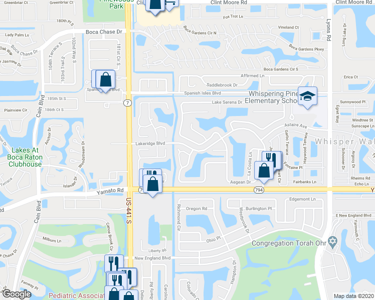 map of restaurants, bars, coffee shops, grocery stores, and more near 18756 Caspian Circle in Boca Raton
