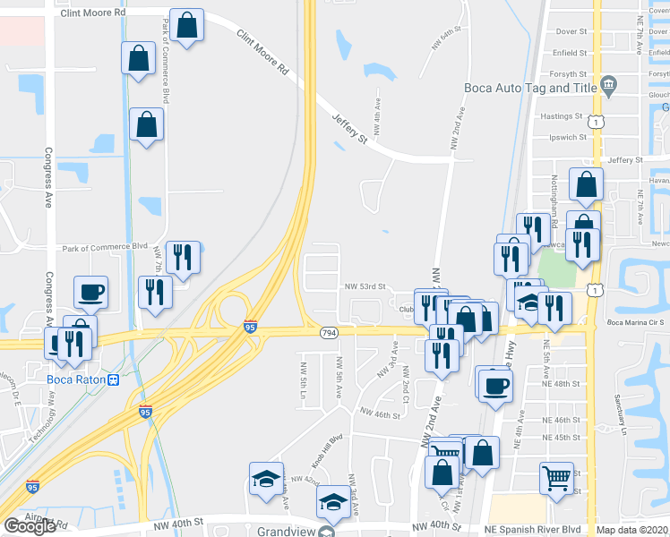 map of restaurants, bars, coffee shops, grocery stores, and more near 533 Northwest 54th Street in Boca Raton