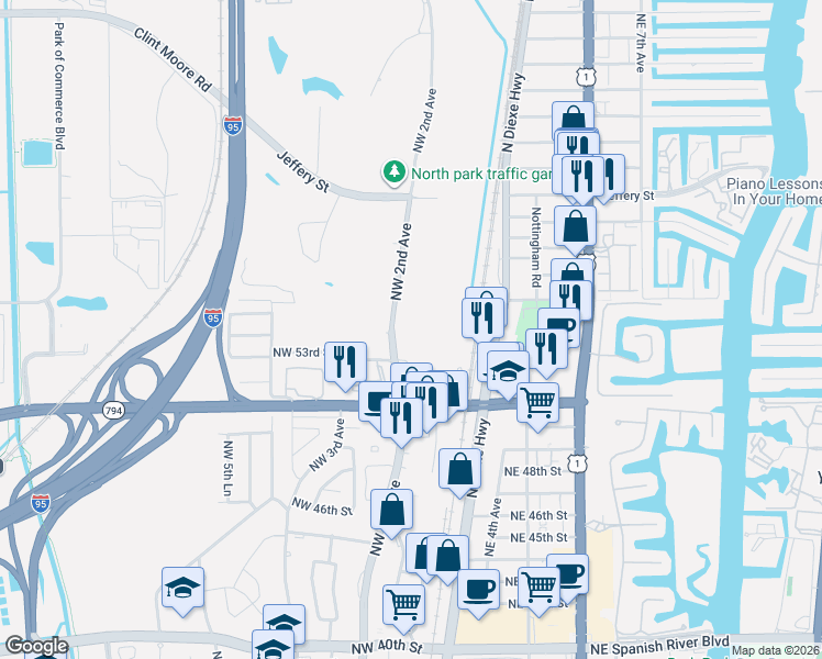 map of restaurants, bars, coffee shops, grocery stores, and more near 5340 Northwest 2nd Avenue in Boca Raton