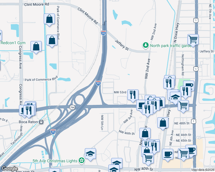 map of restaurants, bars, coffee shops, grocery stores, and more near 541 Northwest 54th Street in Boca Raton