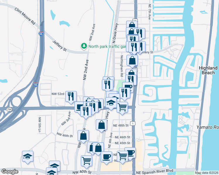 map of restaurants, bars, coffee shops, grocery stores, and more near 5401 North Dixie Highway in Boca Raton