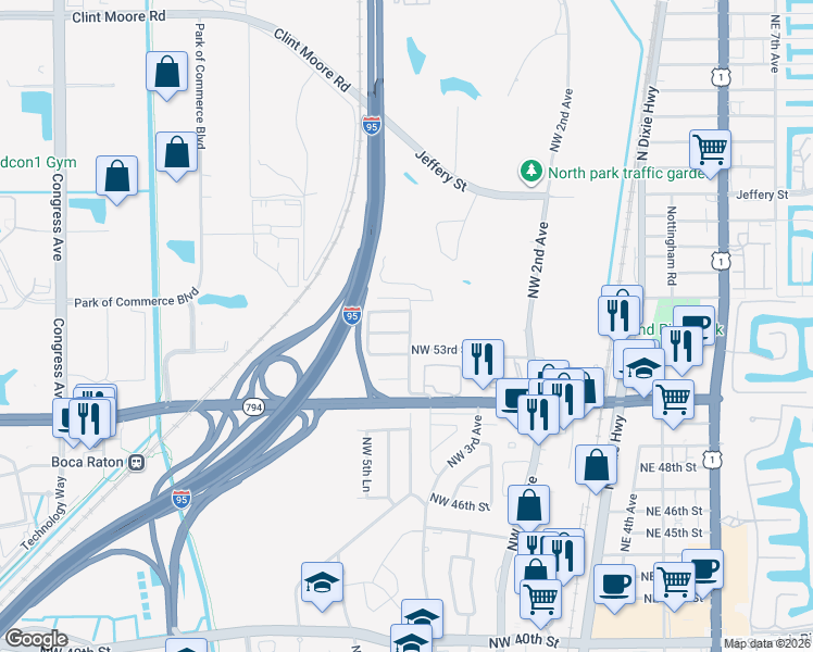 map of restaurants, bars, coffee shops, grocery stores, and more near 541 Northwest 54th Street in Boca Raton