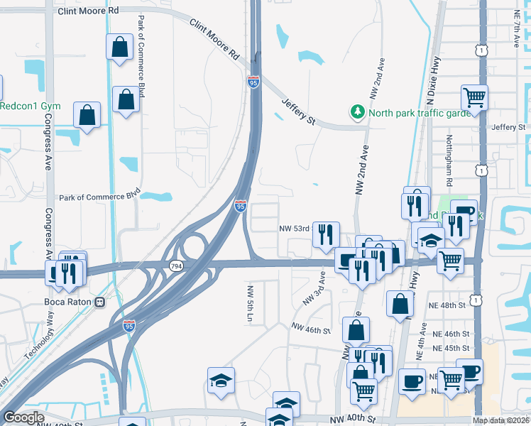 map of restaurants, bars, coffee shops, grocery stores, and more near 533 Northwest 54th Street in Boca Raton