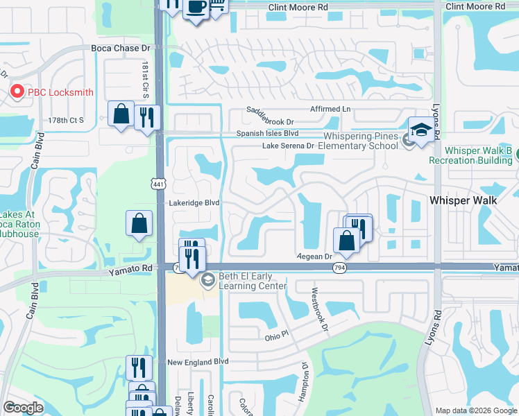 map of restaurants, bars, coffee shops, grocery stores, and more near 9587 Lake Serena Drive in Boca Raton