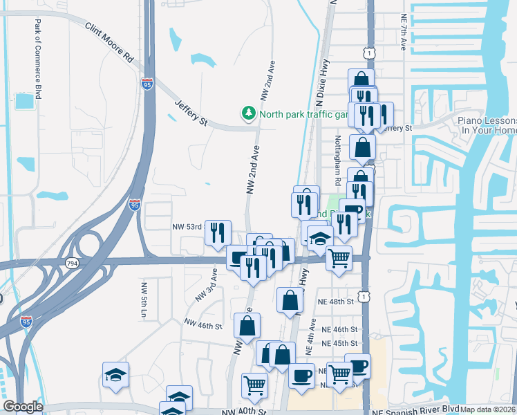 map of restaurants, bars, coffee shops, grocery stores, and more near 5340 Northwest 2nd Avenue in Boca Raton