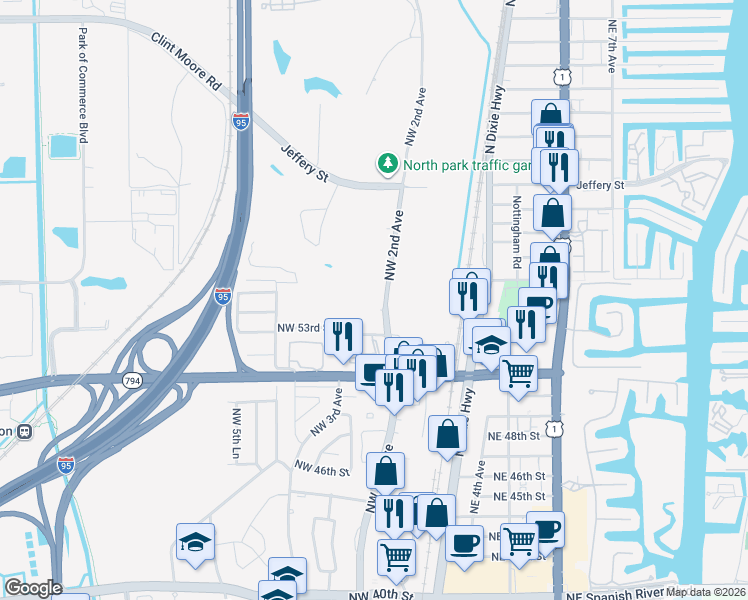 map of restaurants, bars, coffee shops, grocery stores, and more near 299 Northwest 52nd Terrace in Boca Raton