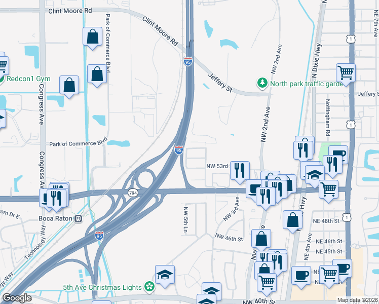 map of restaurants, bars, coffee shops, grocery stores, and more near 541 Northwest 54th Street in Boca Raton