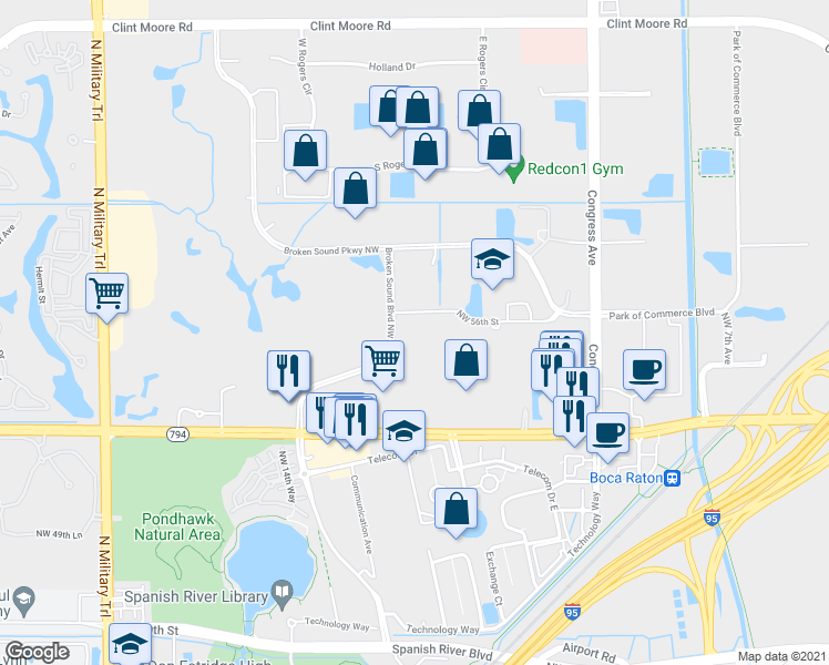 map of restaurants, bars, coffee shops, grocery stores, and more near 5516 Broken Sound Boulevard Northwest in Boca Raton